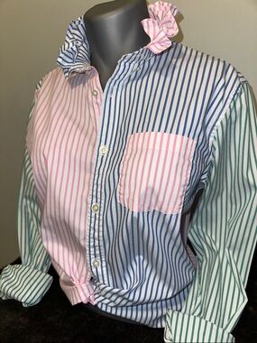 GAP Women's Multi-Stripe Button-Down Shirt - Pink, Blue, Green ruffle collar
